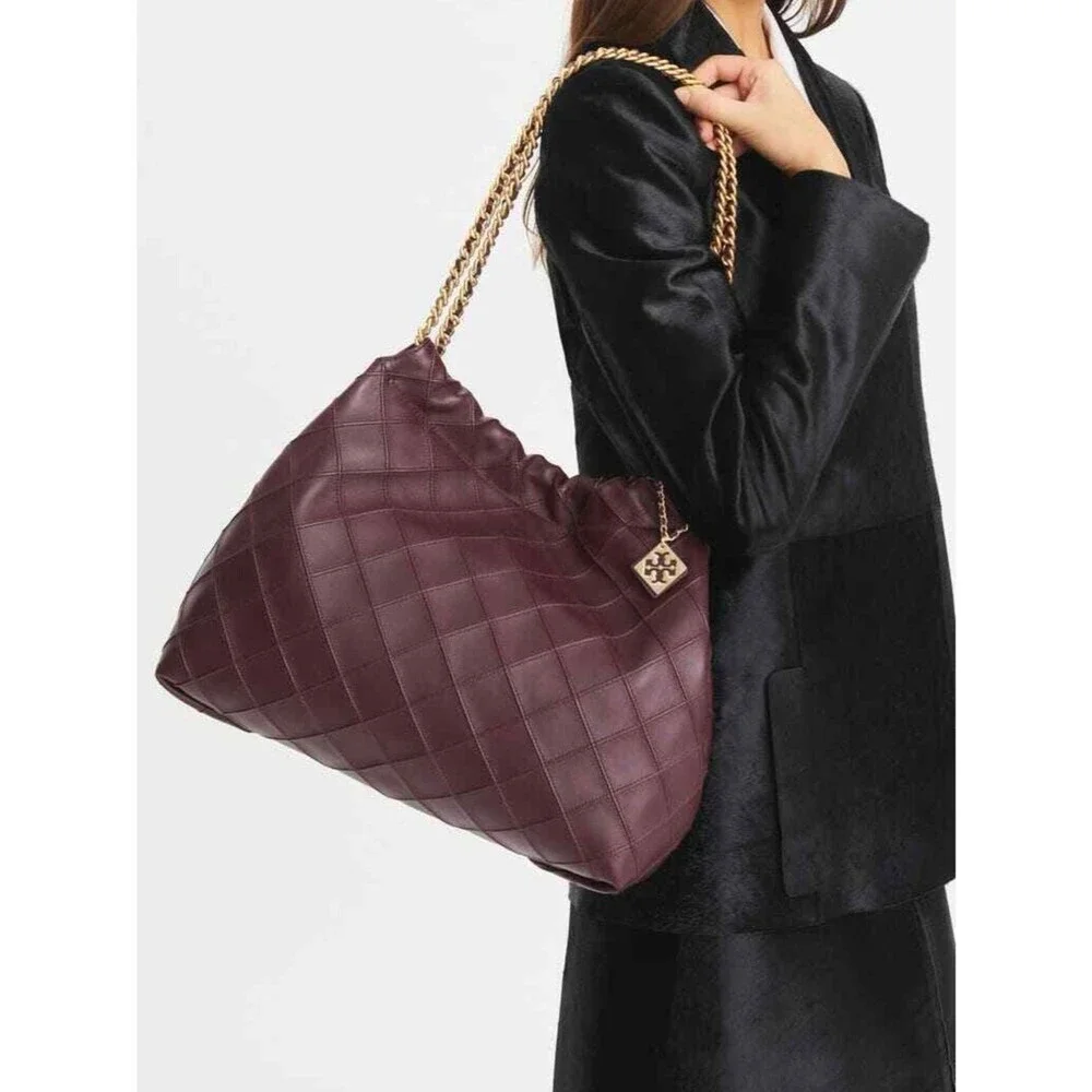 NWT Tory Burch Fleming Soft Drawstring Hobo Bag Albarossa Burgundy Leather